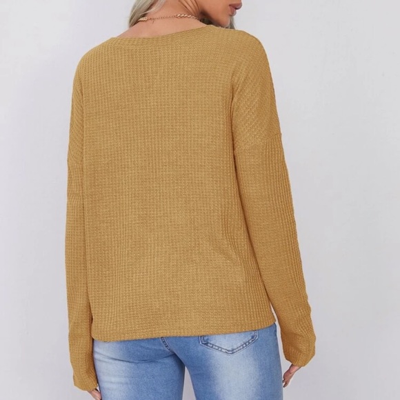 V neck waffle knit long sleeve tee shirt brown - Picture 5 of 14